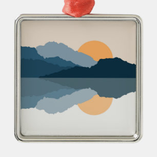 Blue mountains reflected in the lake metal tree decoration