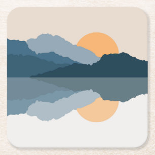 Blue mountains reflected in the lake square paper coaster