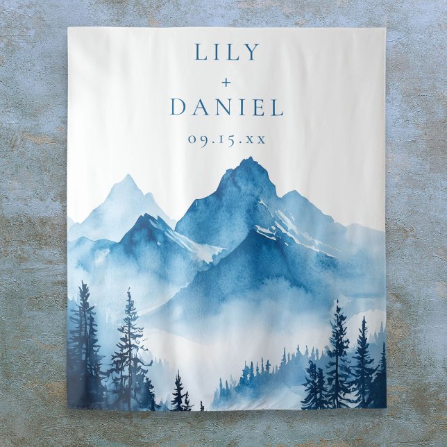 Blue Mountains Wedding Photo Booth Backdrop Tapestry (Chic Script Photo Dusty Blue Wedding Evening Party Invitation)