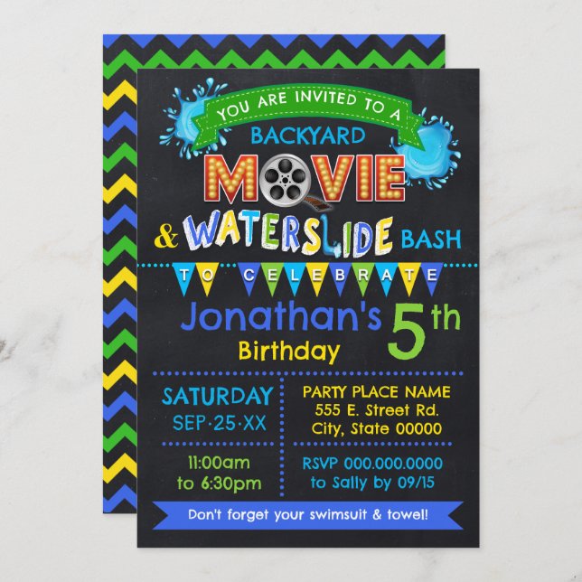 Blue Movie & Waterslide Kids Birthday Summer Party Invitation (Front/Back)