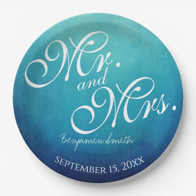 Blue Mr and Mrs Personalised Wedding Reception Paper Plate (Front)