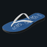 Blue Mr and Mrs wedding flip flops for newly weds<br><div class="desc">Navy Blue Mr and mrs beach wedding flip flops for bride and groom / Just Married couple. Add your date of marriage. Personalised name elegant flipflops for newlyweds and their entourage. Make your own personalised wedge sandals for team bride, brides maid, maid of honour, flower girl, mother of the bride,...</div>
