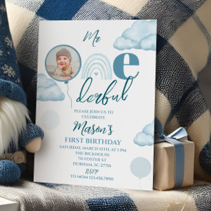 Blue Mr ONE-derful Photo Birthday Invitation