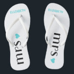 Blue Mrs. Flip Flops | Personalised Brides Wedding<br><div class="desc">A cute addition to your destination beach or poolside wedding! Dance the night away in these comfortable bridle flip flops. White flip flops with the word "Mrs.", a aqua tiffany blue heart and the brides name personalised. To see matching groom's flip flops- Please visit my store "The Hungarican Princess" at...</div>