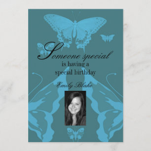Blue Multi-Butterfly Photo Birthday Invitation
