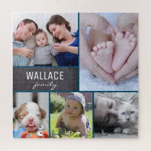 Blue Multi Picture Collage photos with family name Jigsaw Puzzle