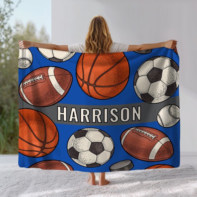 Blue Multi Sport Custom Name Monogram Fleece Blanket (Creator Uploaded)