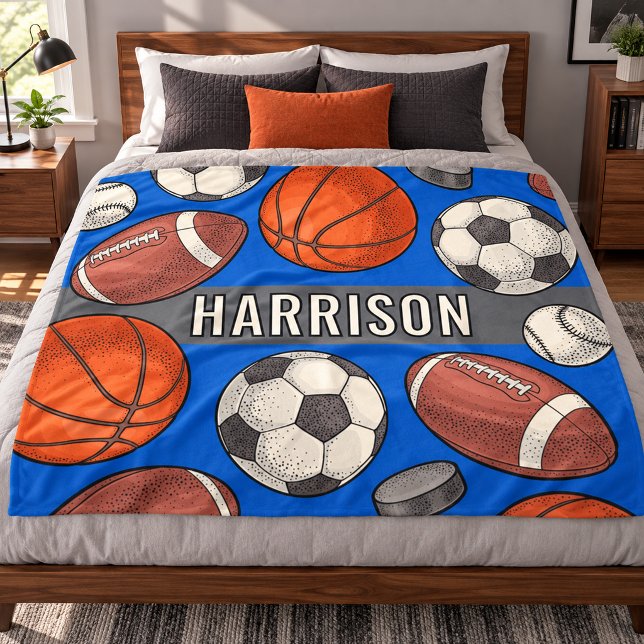 Blue Multi Sport Custom Name Monogram Fleece Blanket (Creator Uploaded)