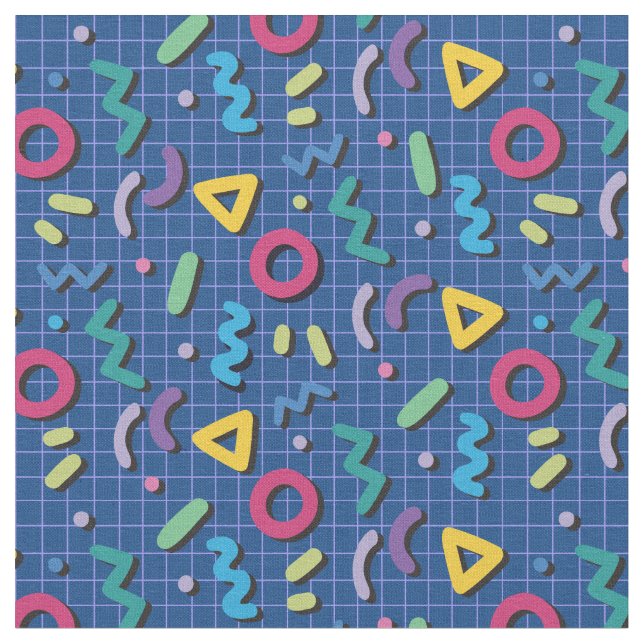 Blue Multicolor 80s Memphis Pattern Fabric (Close Up)