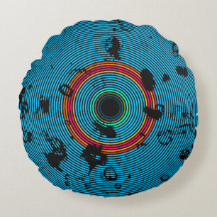 Blue Multicolor Vinyl Disc Texture Pattern Round Cushion
