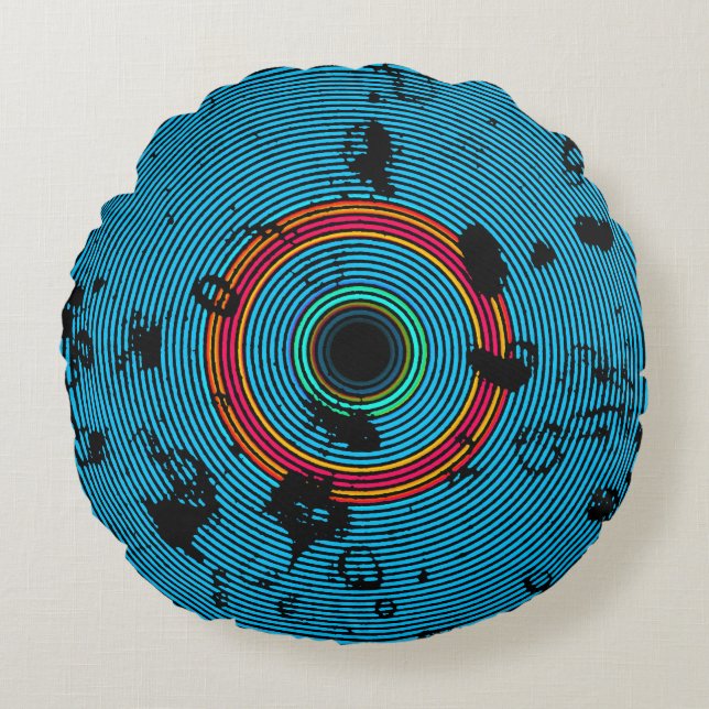 Blue Multicolor Vinyl Disc Texture Pattern Round Cushion (Front)