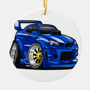 Blue muscle car speed cartoon - Choose back colour Ceramic Tree Decoration