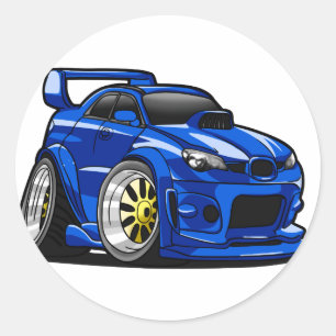 Blue muscle car speed cartoon - Choose back colour Classic Round Sticker