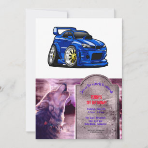 Blue muscle car speed cartoon - Choose back colour Invitation