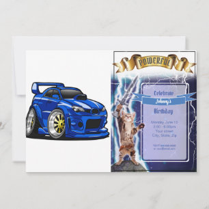 Blue muscle car speed cartoon - Choose back colour Invitation