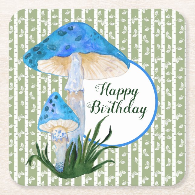 Blue Mushrooms on Aspen Birthday  Square Paper Coaster (Front)