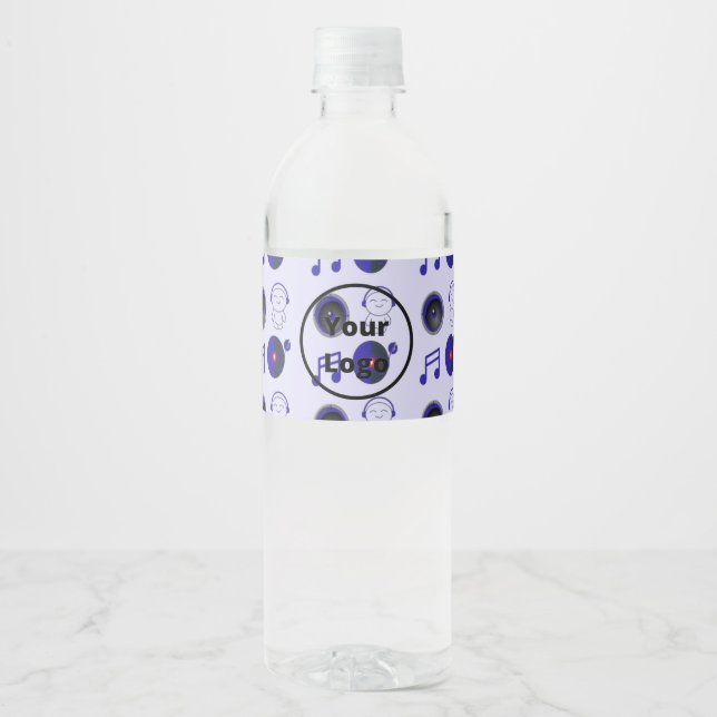 Blue music business pattern water bottle label (Front)