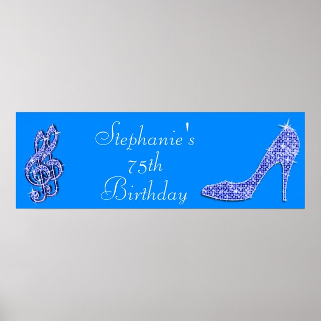Blue Music Note and Stiletto 75th Birthday Poster (Front)