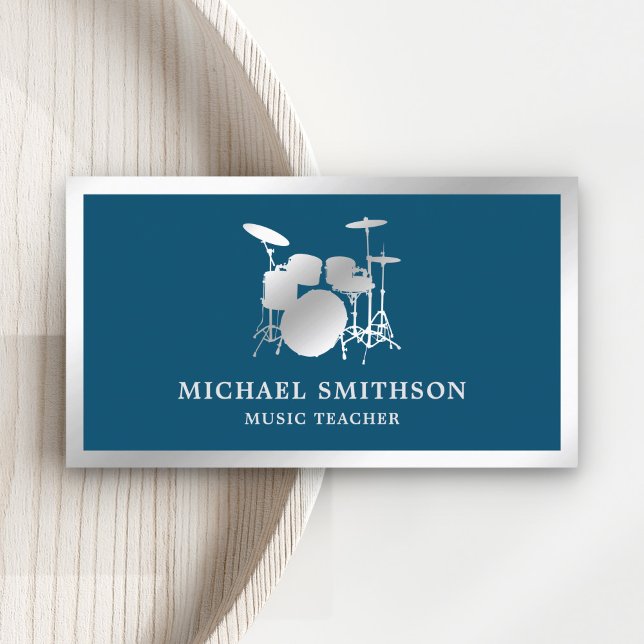 Blue Music Teacher Silver Foil Drum Kit Drummer Business Card (Creator Uploaded)