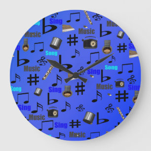 Blue Musical Notes And Instruments, Large Clock