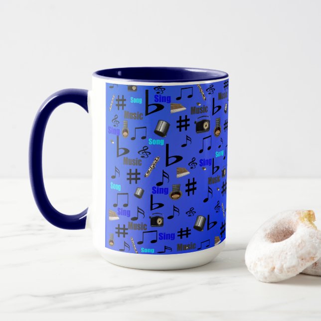Blue Musical Notes And Instruments, Mug (With Donut)