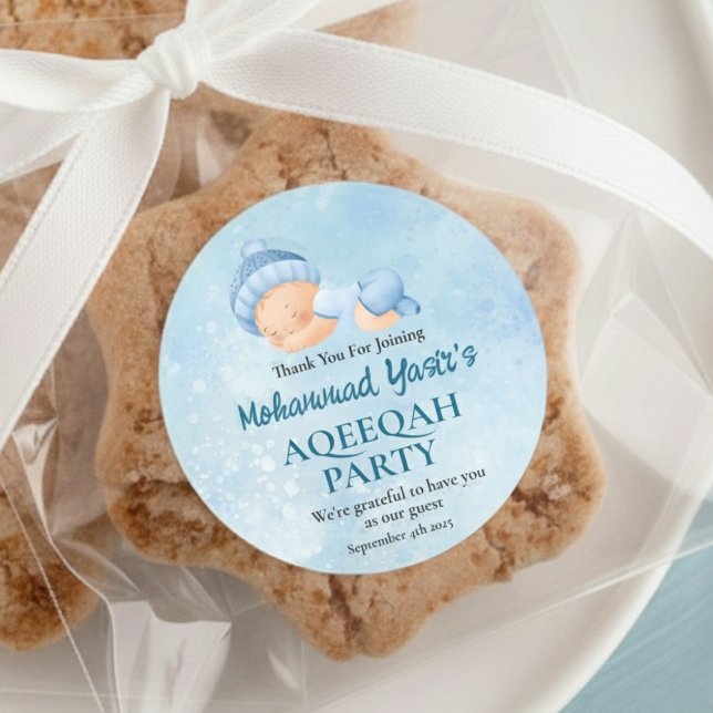 Blue Muslim Newborn Baby Boy Aqeeqah Classic Round Sticker (Creator Uploaded)