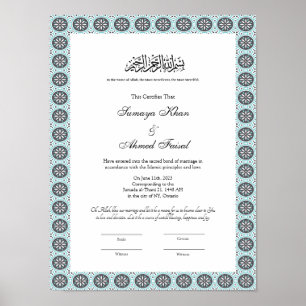 blue muslim nikkah certificate poster