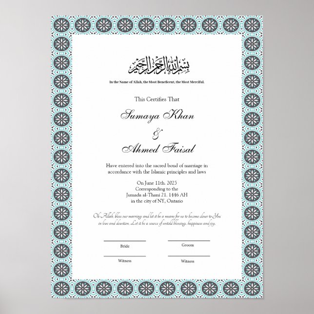 blue muslim nikkah certificate  poster (Front)