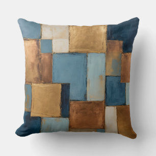 Blue, muted-copper, gold patchwork cushion