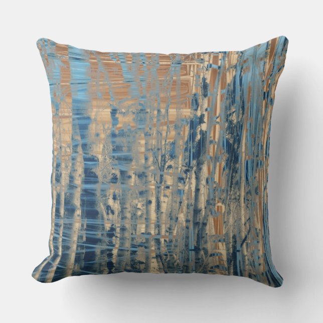 Blue Muted Orange Yellow Streaked Birch Trees Cushion (Front)