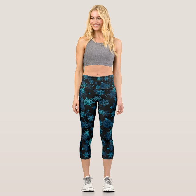 Blue Mystical Snowflakes Capri Leggings (Front)