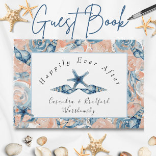 Blue n Blush Beach Sea Shell Flowers Wedding  Guest Book