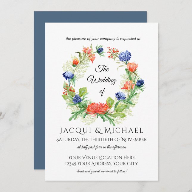 Blue n Orange Chrysanthemum Thistle Wreath Wedding Invitation (Front/Back)