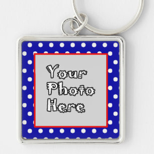 Blue n White Polka Dots Red Trim Key Ring