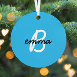 Blue Name | Modern Trendy Stylish Initial Monogram Metal Tree Decoration<br><div class="desc">Trendy, stylish custom name and initial monogram style christmas tree ornament in modern minimalist script typography in off black and white on a simple fun bright azure blue background. The name and initial can easily be personalised with your own name or the name of a loved one for a perfect...</div>