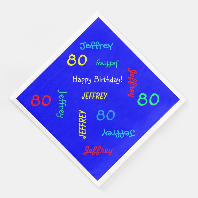 Blue Napkins, 80th Birthday Party Repeating Names Napkin (Corner)
