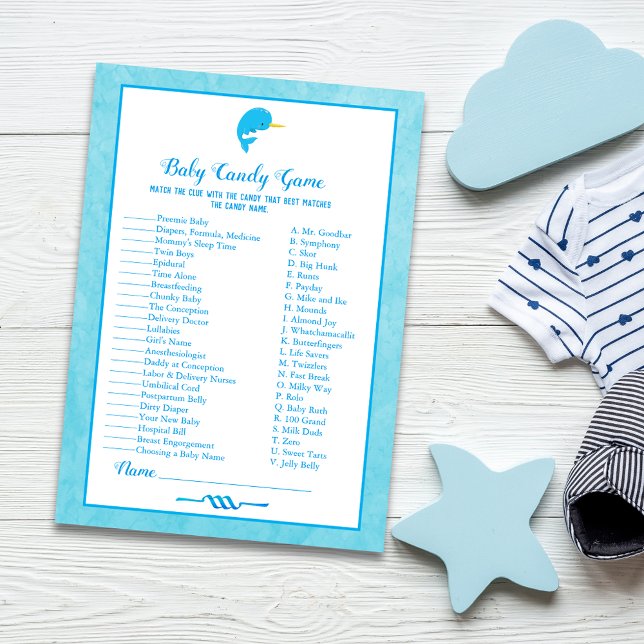 Blue Narwhal Baby Candy Baby Shower Game Invitation (Creator Uploaded)