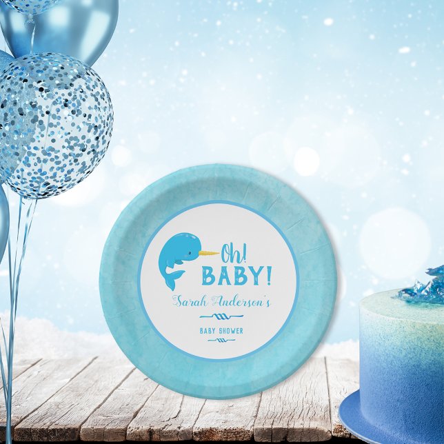 Blue Narwhal Baby Shower Paper Plate (Creator Uploaded)