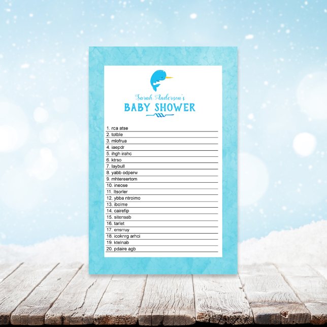 Blue Narwhal Baby Shower Word Scramble Game Stationery (Creator Uploaded)
