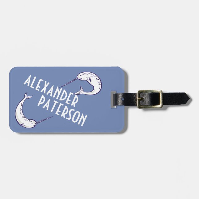 Blue Narwhals Personalised Luggage Tag (Front Horizontal)