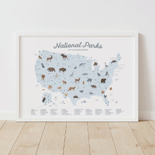 Blue National Parks Map Woodland Nursery Decor
