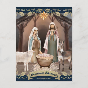 Blue Nativity Scene Christian Christmas Holiday Postcard