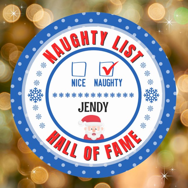 Blue Naughty Nice Hall of Fame Christmas Sticker (Get the matching Nice sticker for a great couples gift. Merry Christmas!)