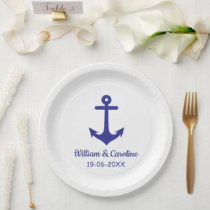 Blue Nautical Anchor Beach Destination Wedding Paper Plate