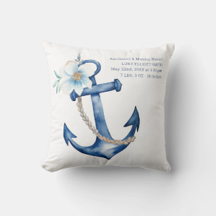 Blue Nautical Anchor Boy Nursery Baby Birth Stats Cushion