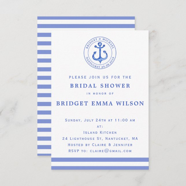 Blue Nautical Anchor Bridal Shower Invitation (Front/Back)
