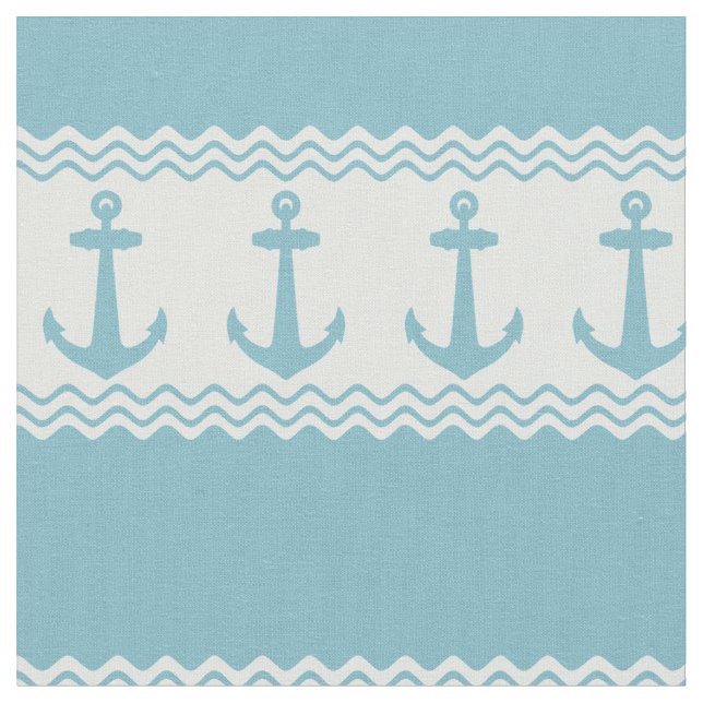 Blue Nautical Anchor Coastal Stripes Fabric (Close Up)