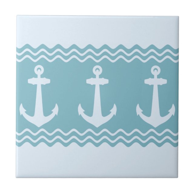 Blue Nautical Anchor Coastal Stripes Tile (Front)