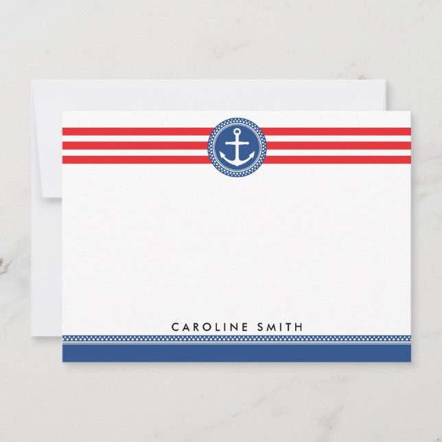 Blue nautical anchor red stripes flat note card (Front)
