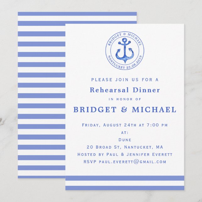 Blue Nautical Anchor Rehearsal Dinner Invitation (Front/Back)